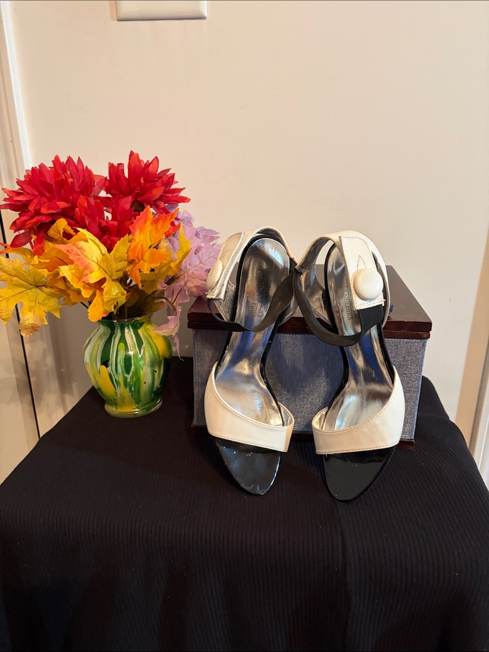 Coach and Four Ivory and Black Open-Toe Ankle-Strap Heels